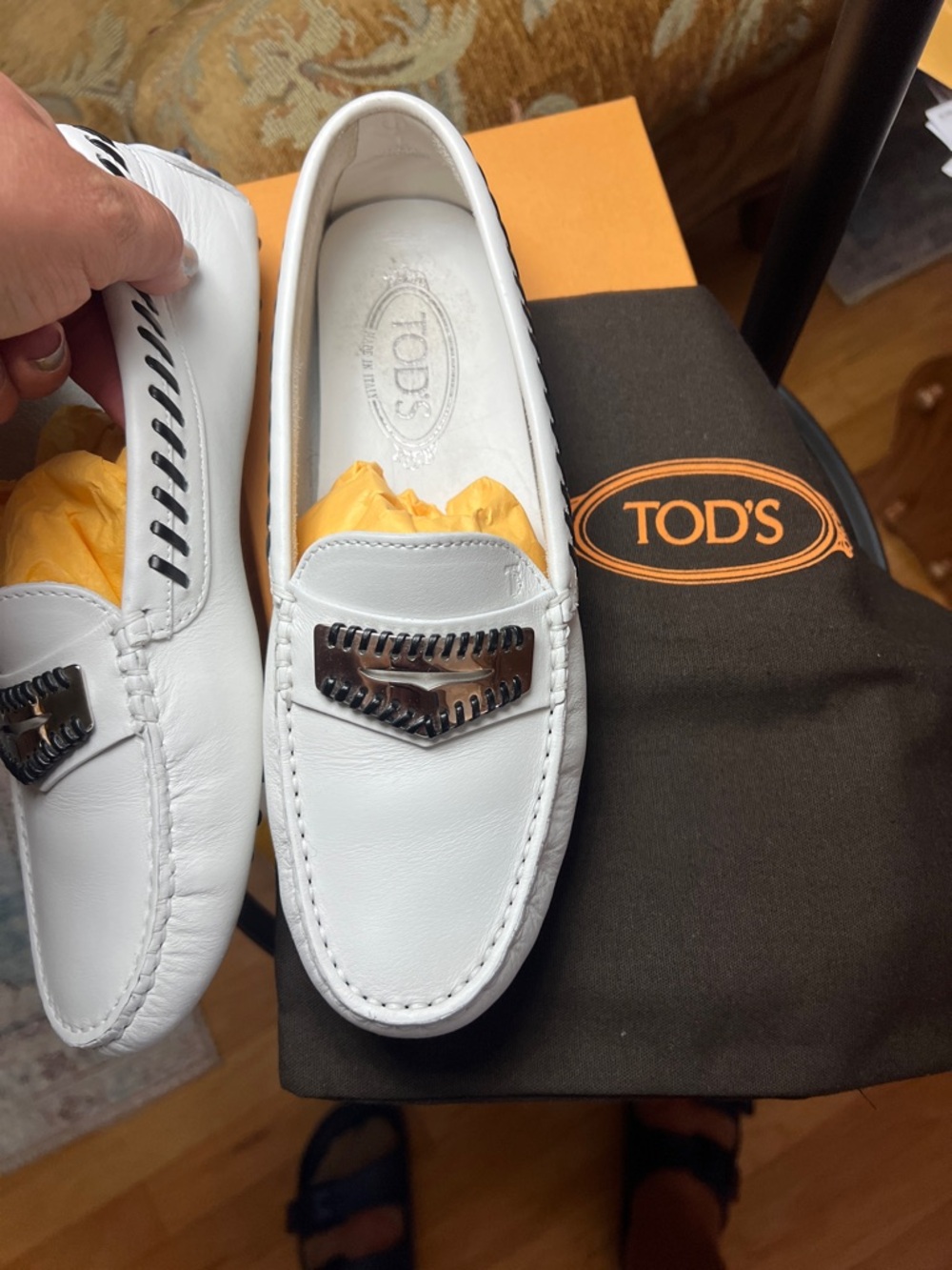 Tod's White Leather Driving Loafers with Gunmetal Bit - Picture 4 of 12